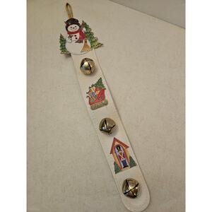 Vintage Snowman Brass Jingle Bells on Leather Strap Door Hanger Christmas